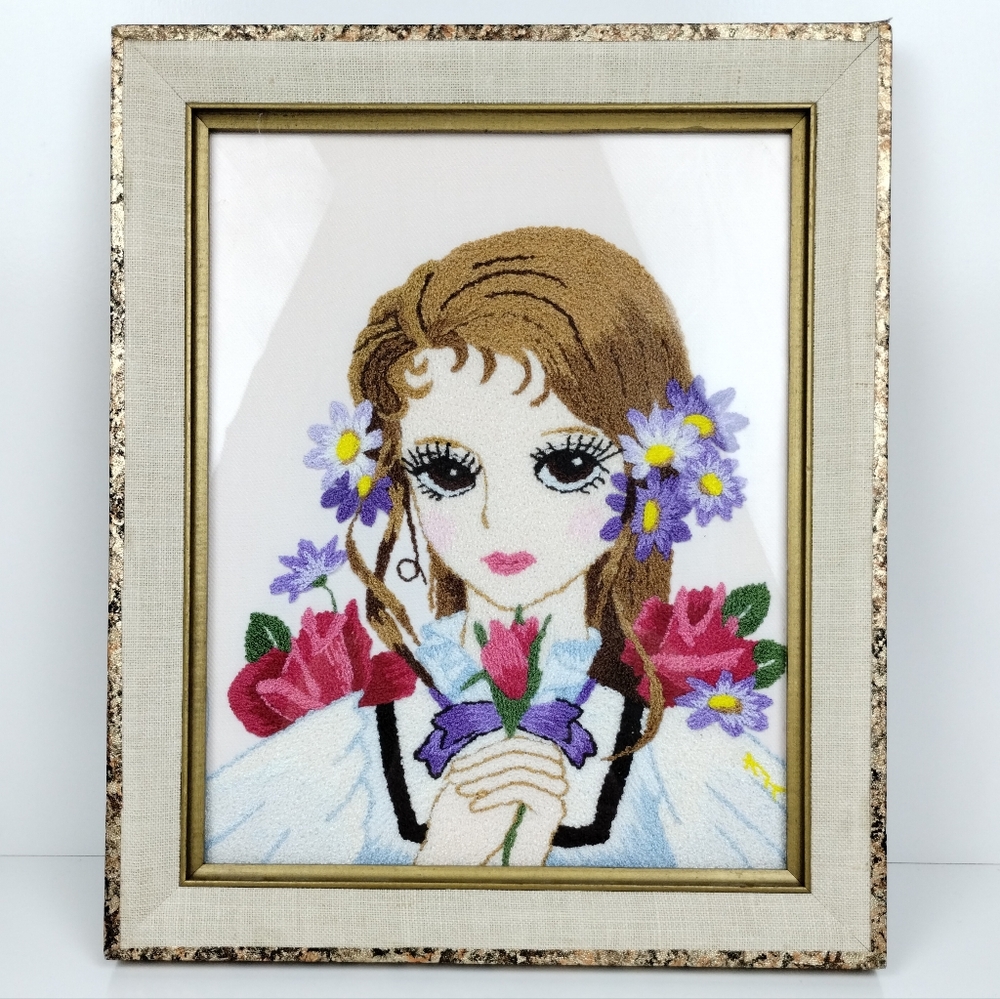 Vintage 1985 Bunka Oriental Embroidery Shōjo Style Big-Eye Girl Flowers Framed